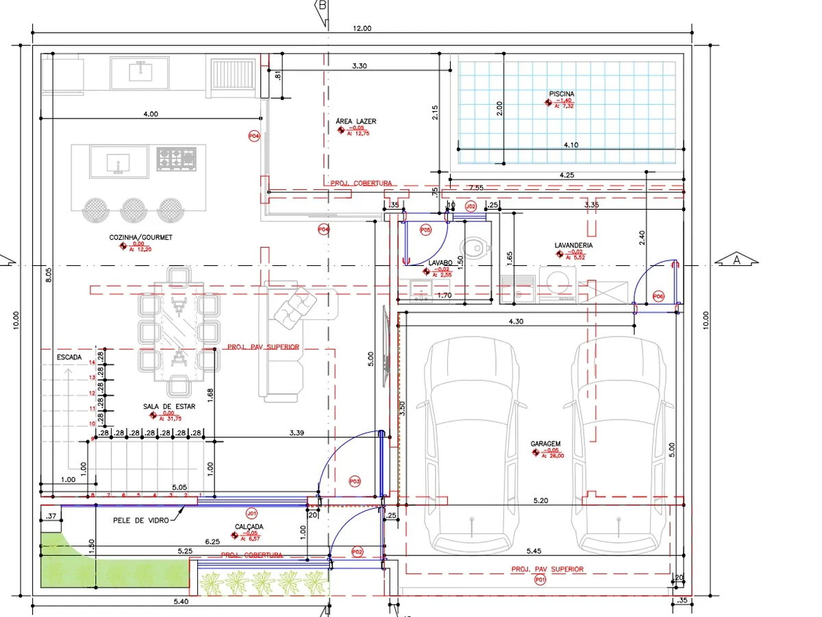 Planta baixa do pavimento térreo com cozinha gourmet, sala, lavabo, lavanderia, garagem e piscina