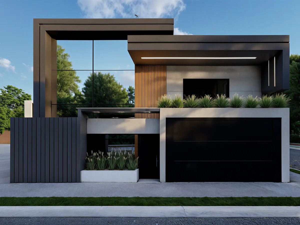 Render realista da fachada de sobrado contemporâneo com painel ripado em madeira e paisagismo