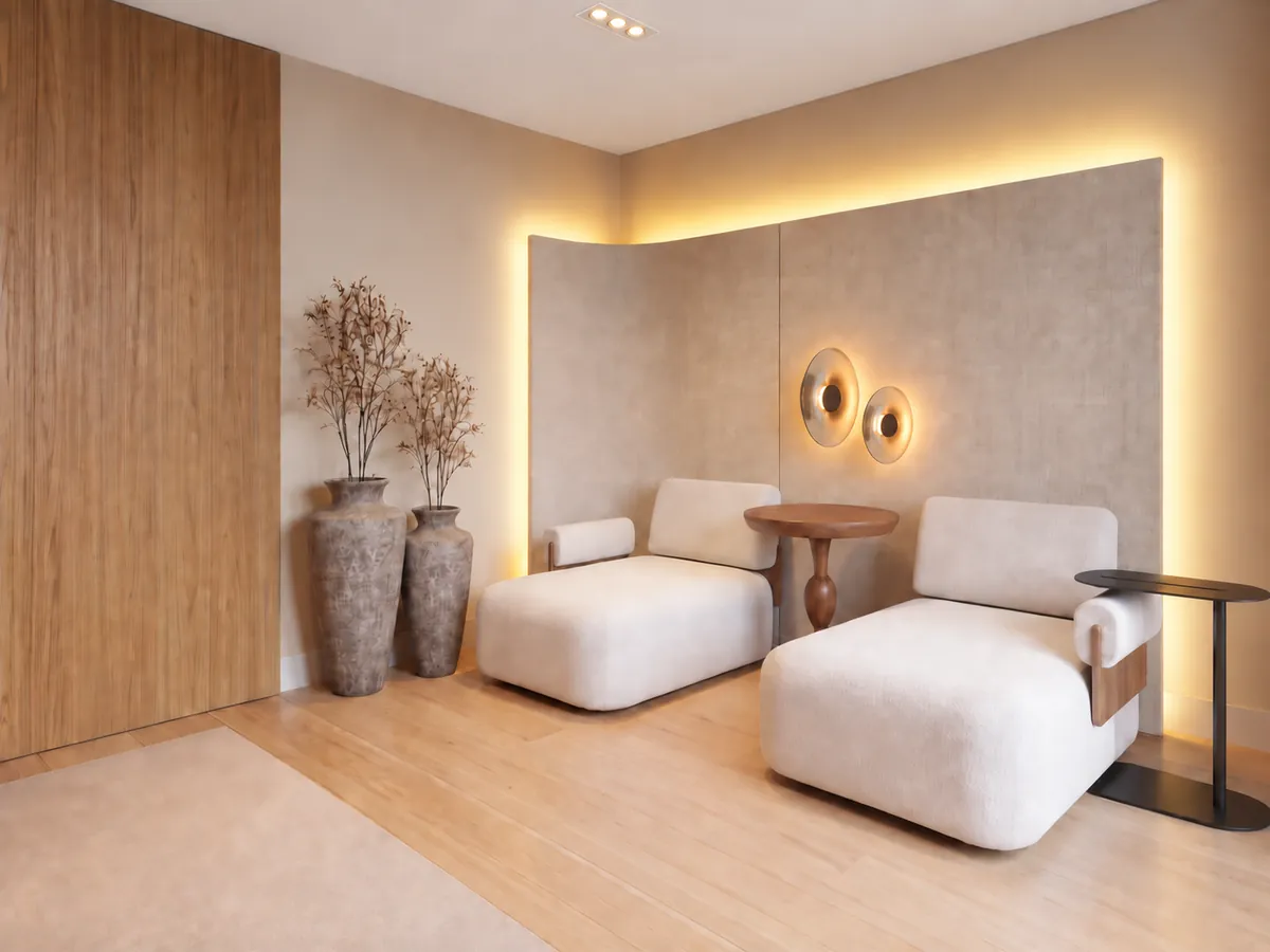 Lounge com fita de LED embutida no painel, arandelas douradas e luz quente indireta