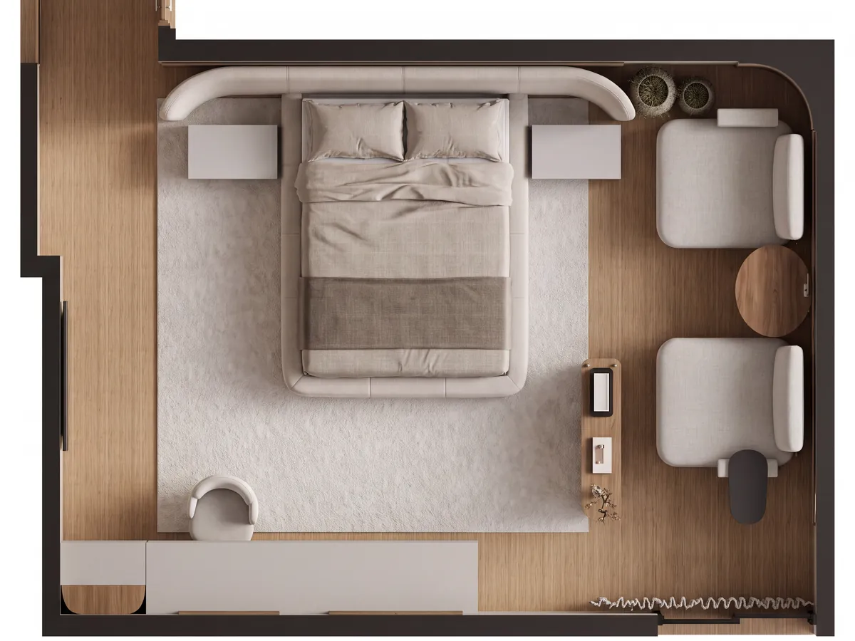 Planta humanizada de suíte vista de cima, com cama, poltronas, escrivaninha e circulação entre os móveis